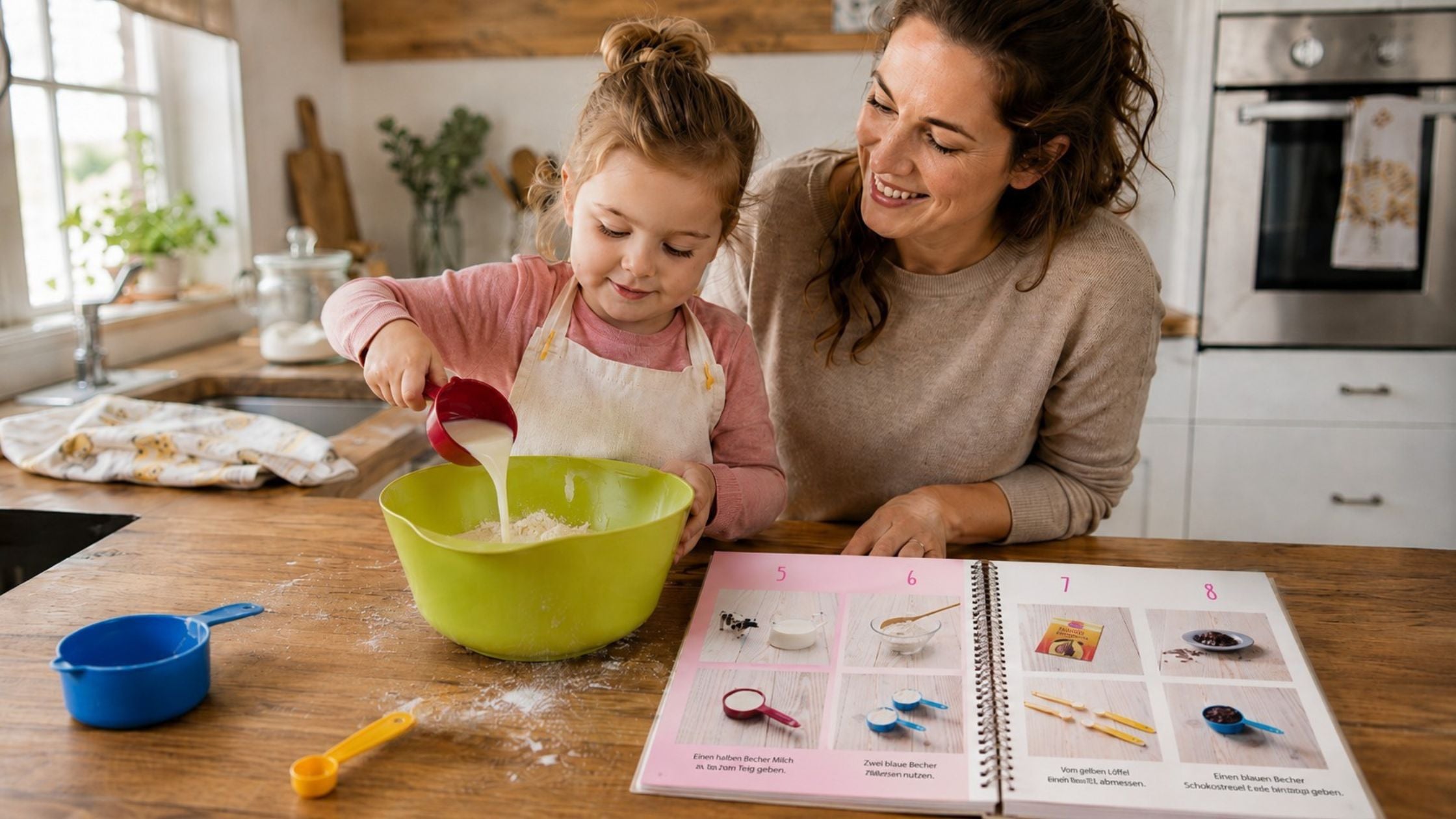 Vierjähriges Mädchen gießt mit einem roten Messbecher Milch in eine Rührschüssel, während ihre Mutter sie beim Backen mit der Kinderleichten Becherküche begleitet.