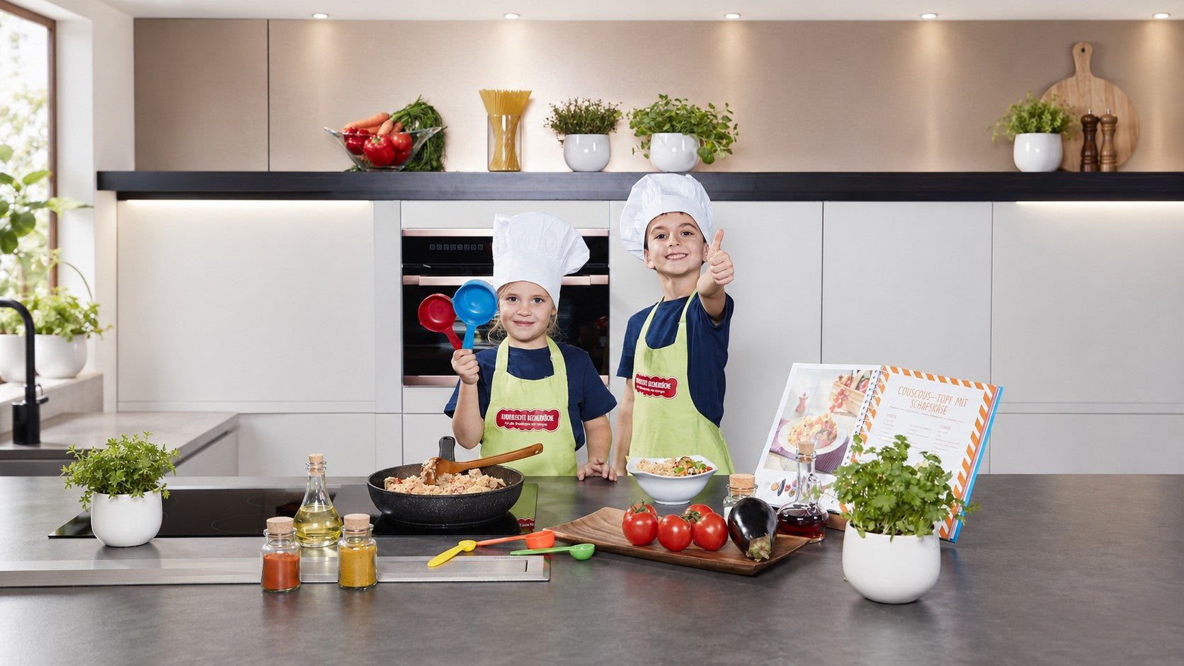 Kinderleichte Becherküche: Zwei Kinder kochen mit farbigen Messbechern und Bildanleitung