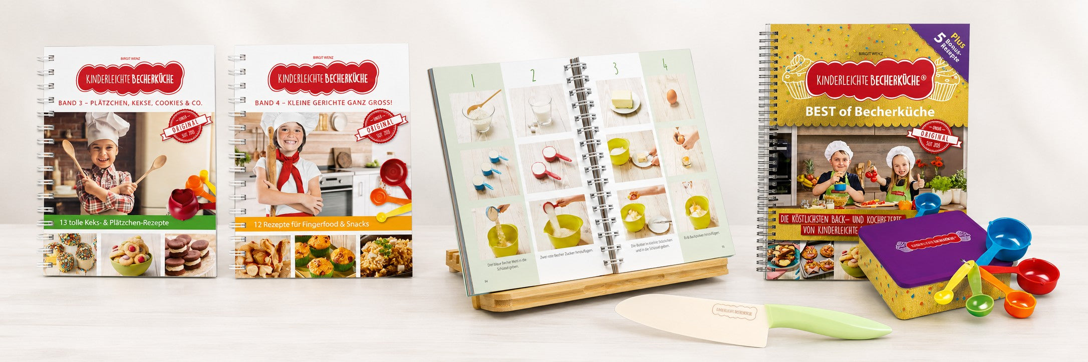 Kinderleichte-Becherküche-Produkte: Rezeptbücher, Messbecher, Buchständer und Zubehör für einfache Back- und Kochrezepte mit Kindern