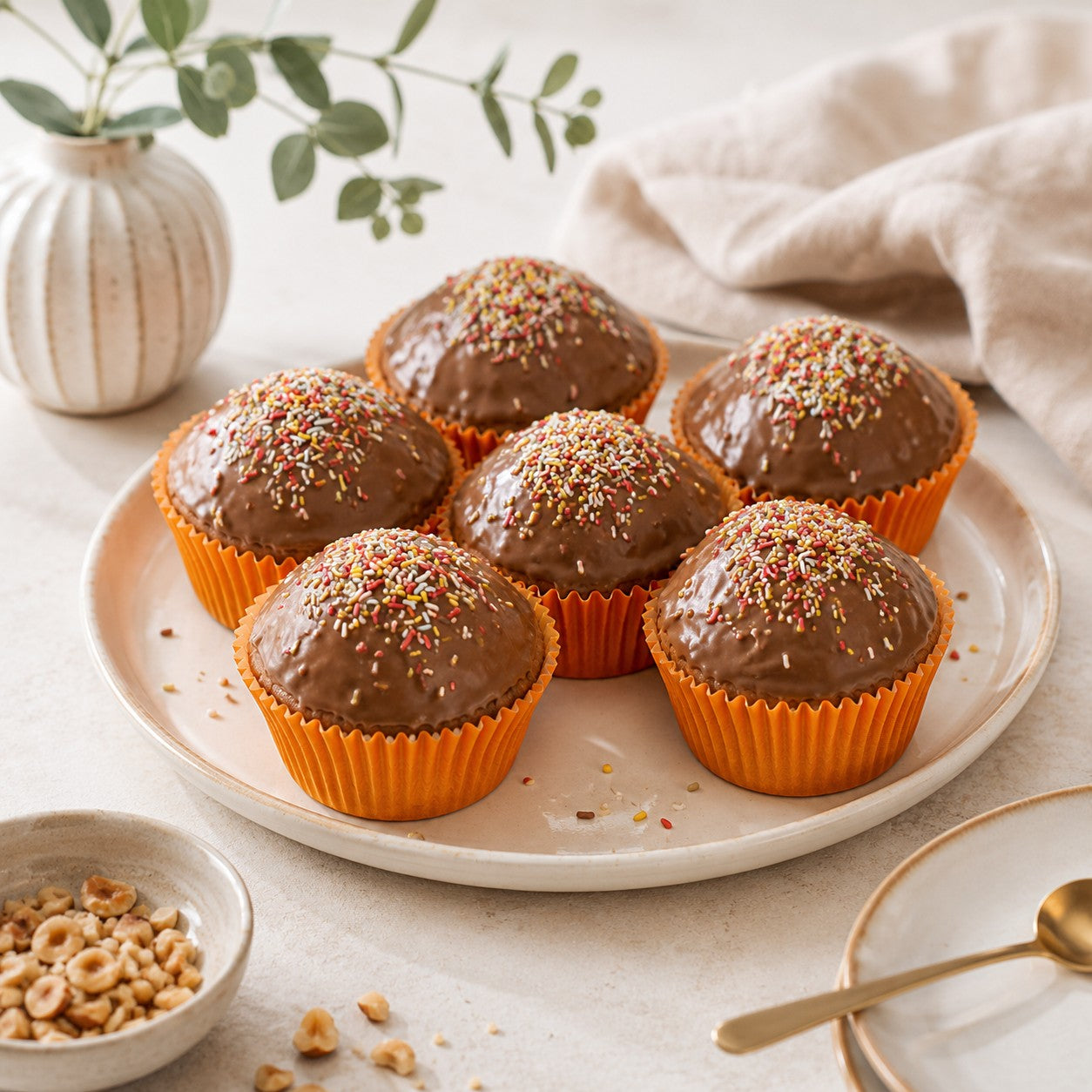 Nuss-Muffins mit Schokoladenglasur und bunten Streuseln – Produktbild zum Kinder-Backkurs nahe Freiburg