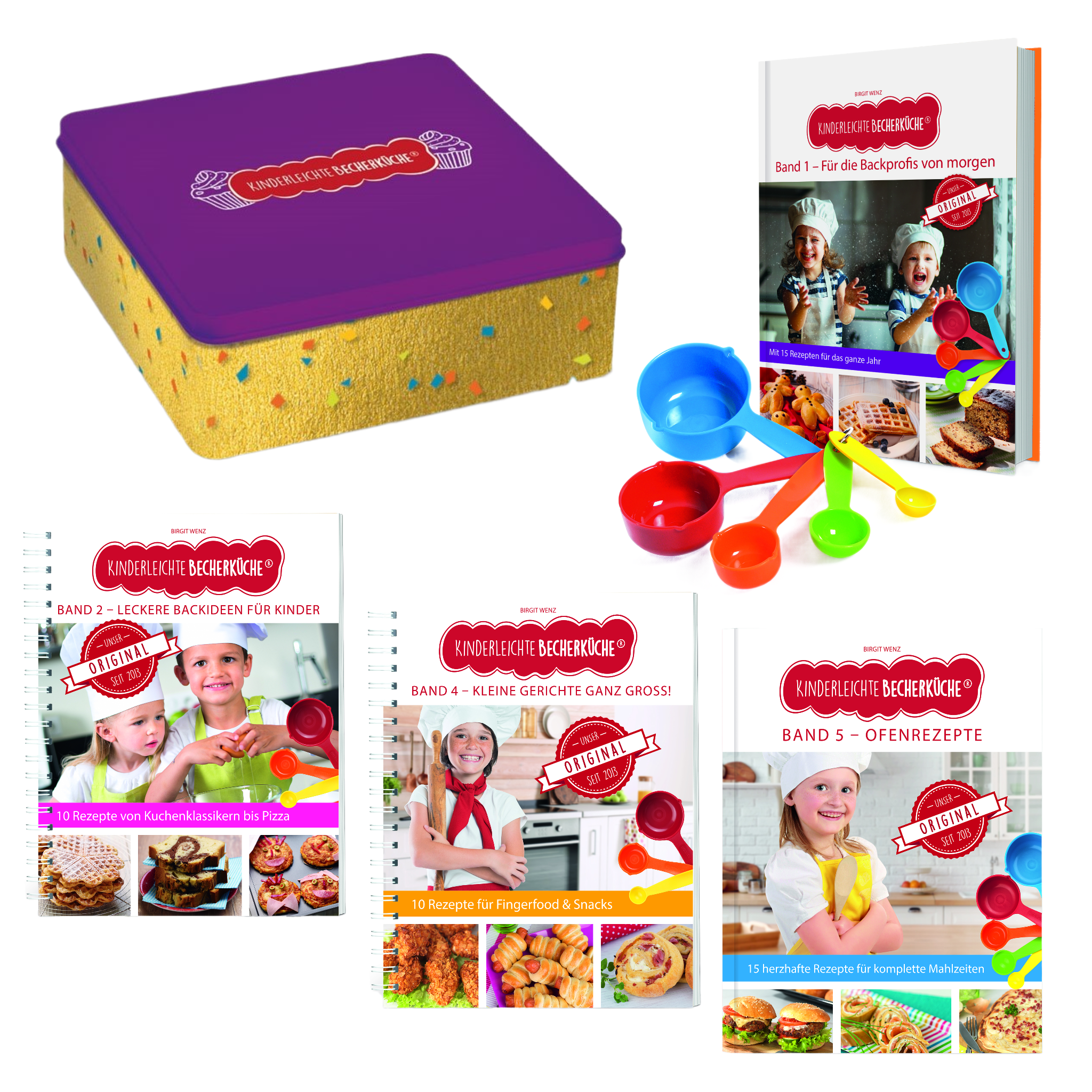 Becherküche Familienklassiker Band 1,2,4,5 + 5-teiliges Becherset PLUS dekorative Keksdose