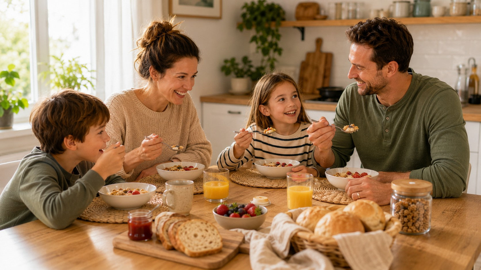 Familie mit zwei Kindern sitzt gemeinsam am gedeckten Esstisch und isst in entspannter Atmosphäre