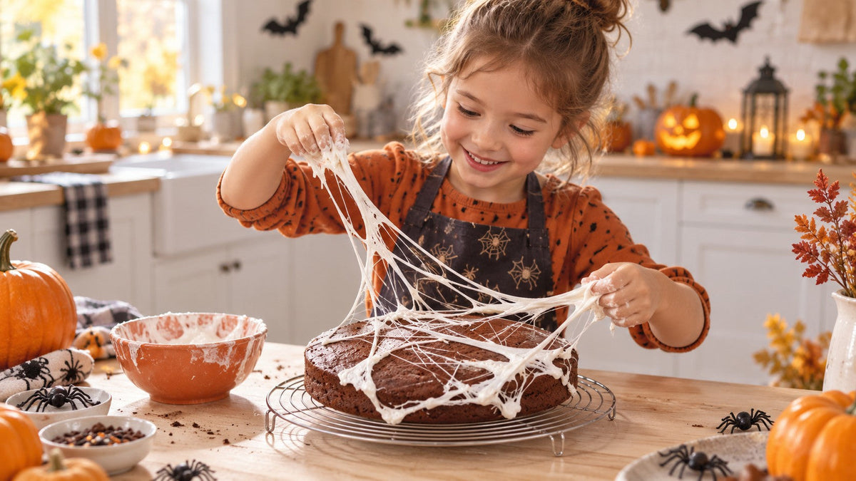 Kind dekoriert einen Schokoladenkuchen mit Marshmallows zu einem Spinnennetzkuchen für Halloween in einer herbstlich geschmückten Küche.