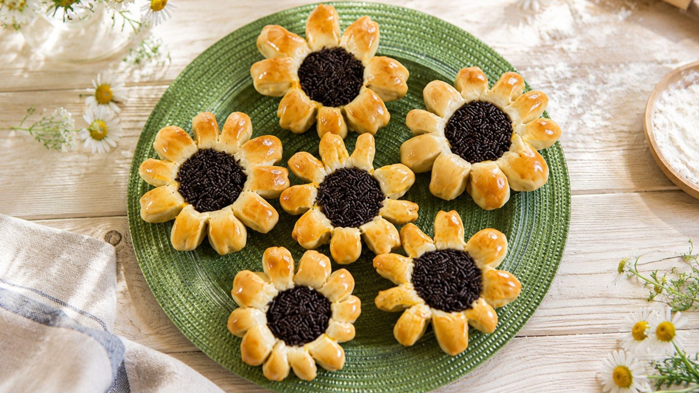 Sonnenblumenförmiges Hefegebäck mit Schokostreuseln auf einem grünen Teller, dekoriert mit Gänseblümchen und Backutensilien.