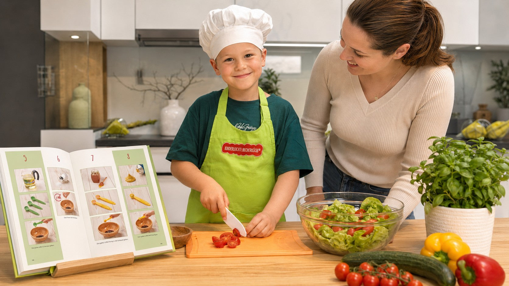 Kind schneidet Tomaten mit einem Kindermesser, während eine Erwachsene aufmerksam zuschaut. Daneben stehen ein Rezeptbuch mit Bildanleitung, Salat und Gemüse.
