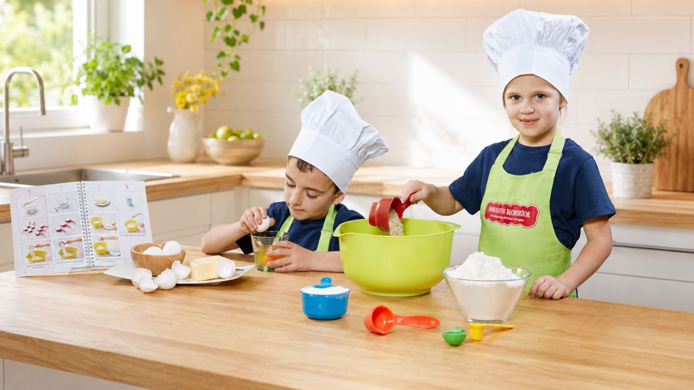 Backen mit Kindern: Zwei Kinder bereiten in einer hellen Küche mit farbigen Messbechern und Bildanleitung einen Kuchenteig zu.