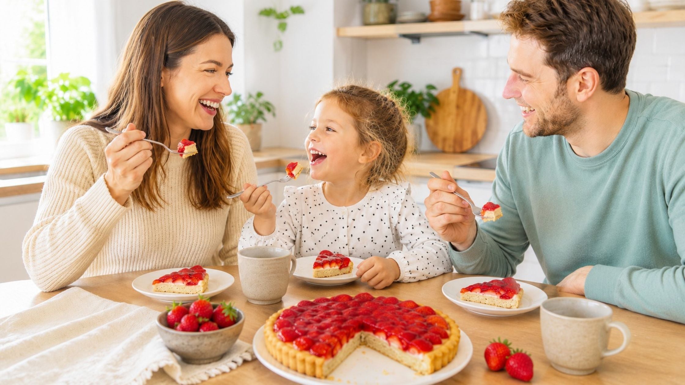 Fröhliches Familienessen mit Erdbeerkuchen