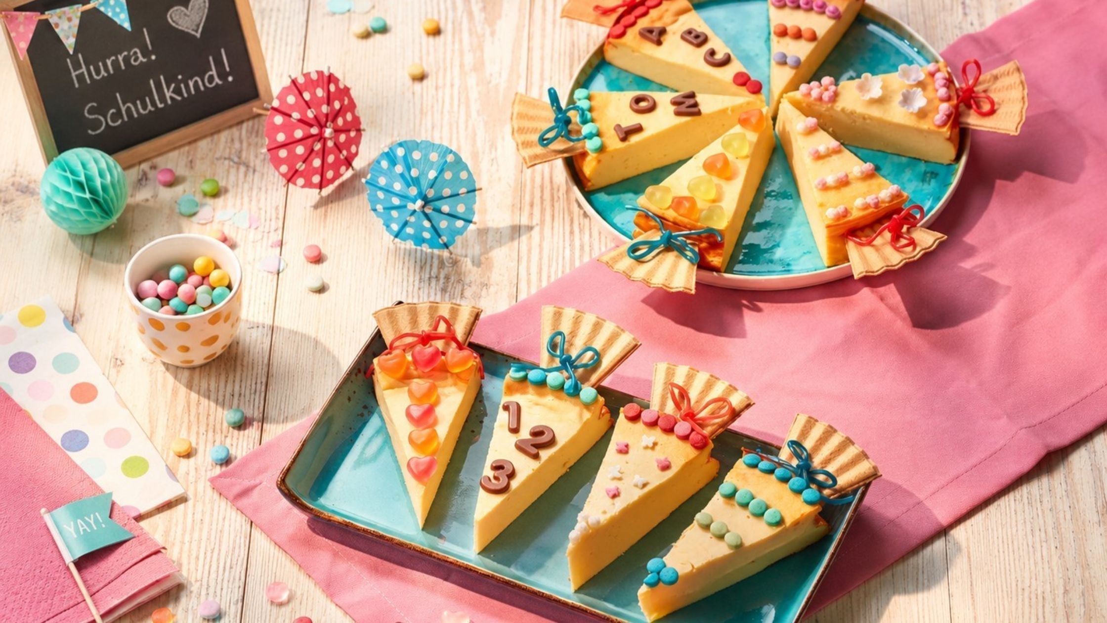 Käsekuchen-Schultüten als süße Kuchenidee für die Einschulungsfeier