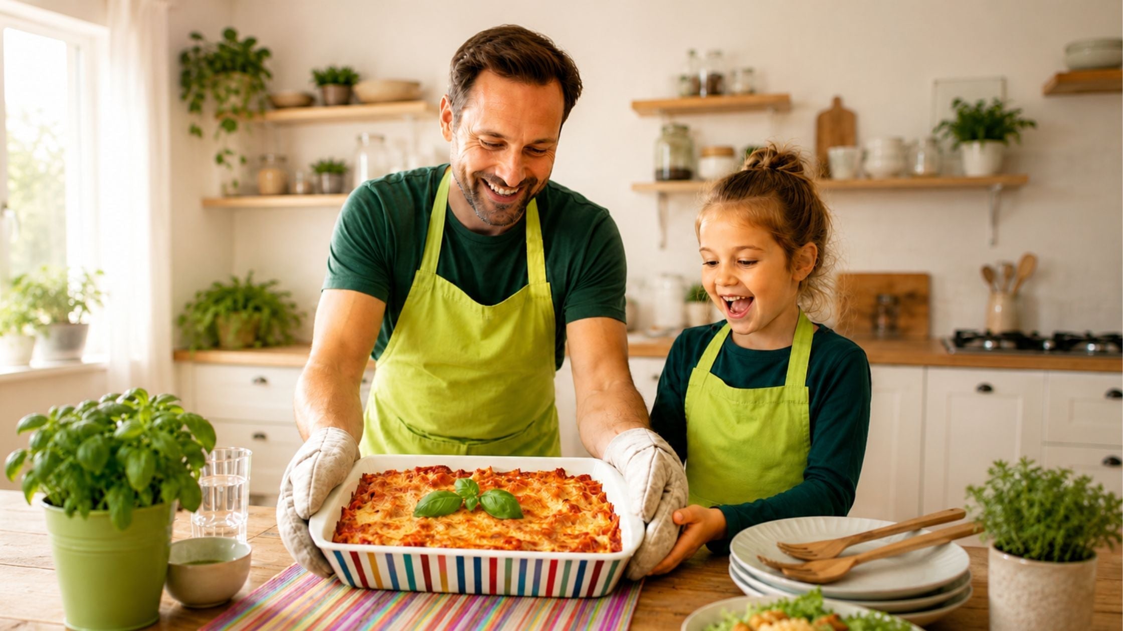 Vater und Kind servieren gemeinsam einen selbst gemachten Auflauf