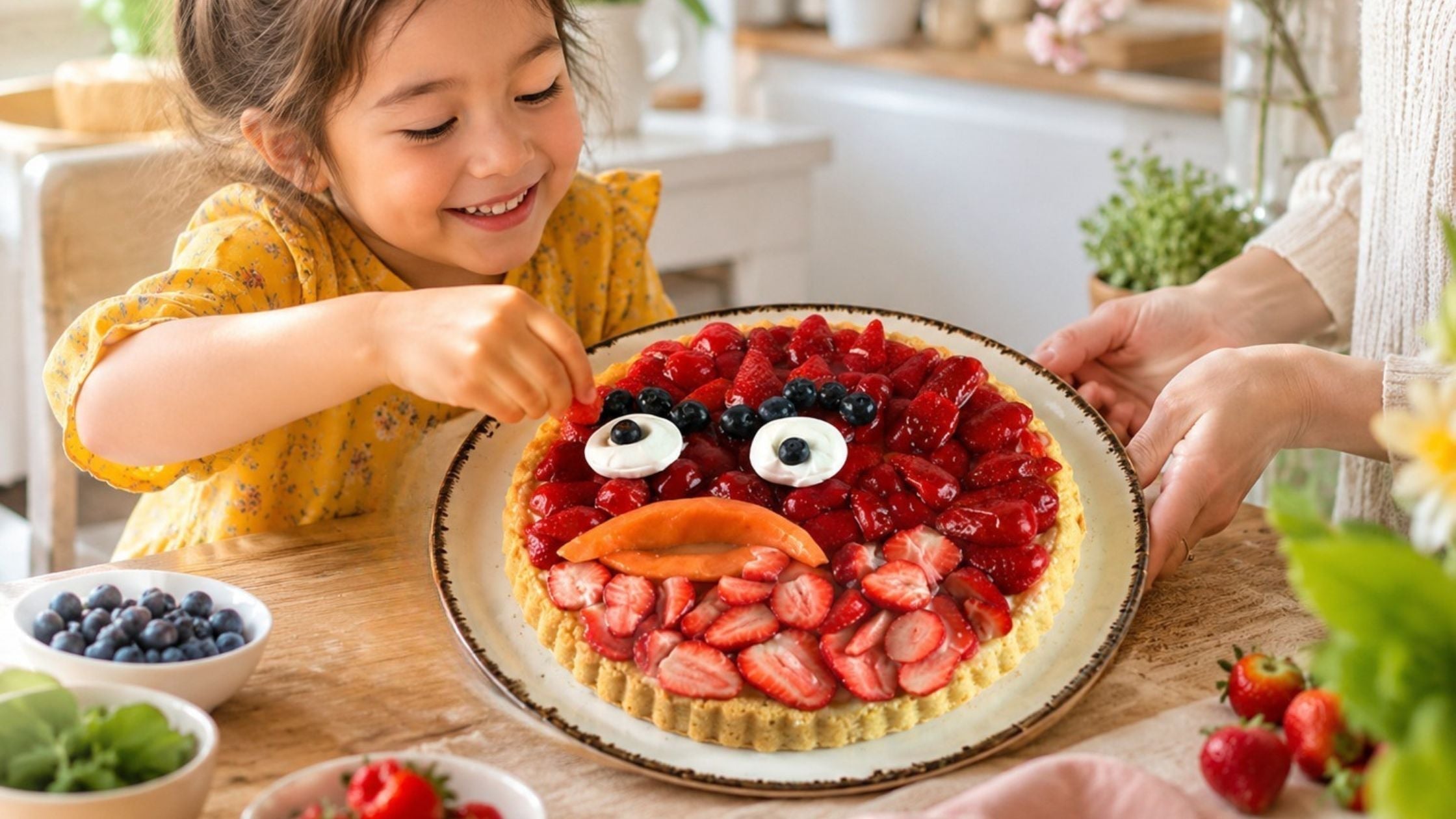 Kind dekoriert einen Obstkuchen mit Erdbeeren und Heidelbeeren