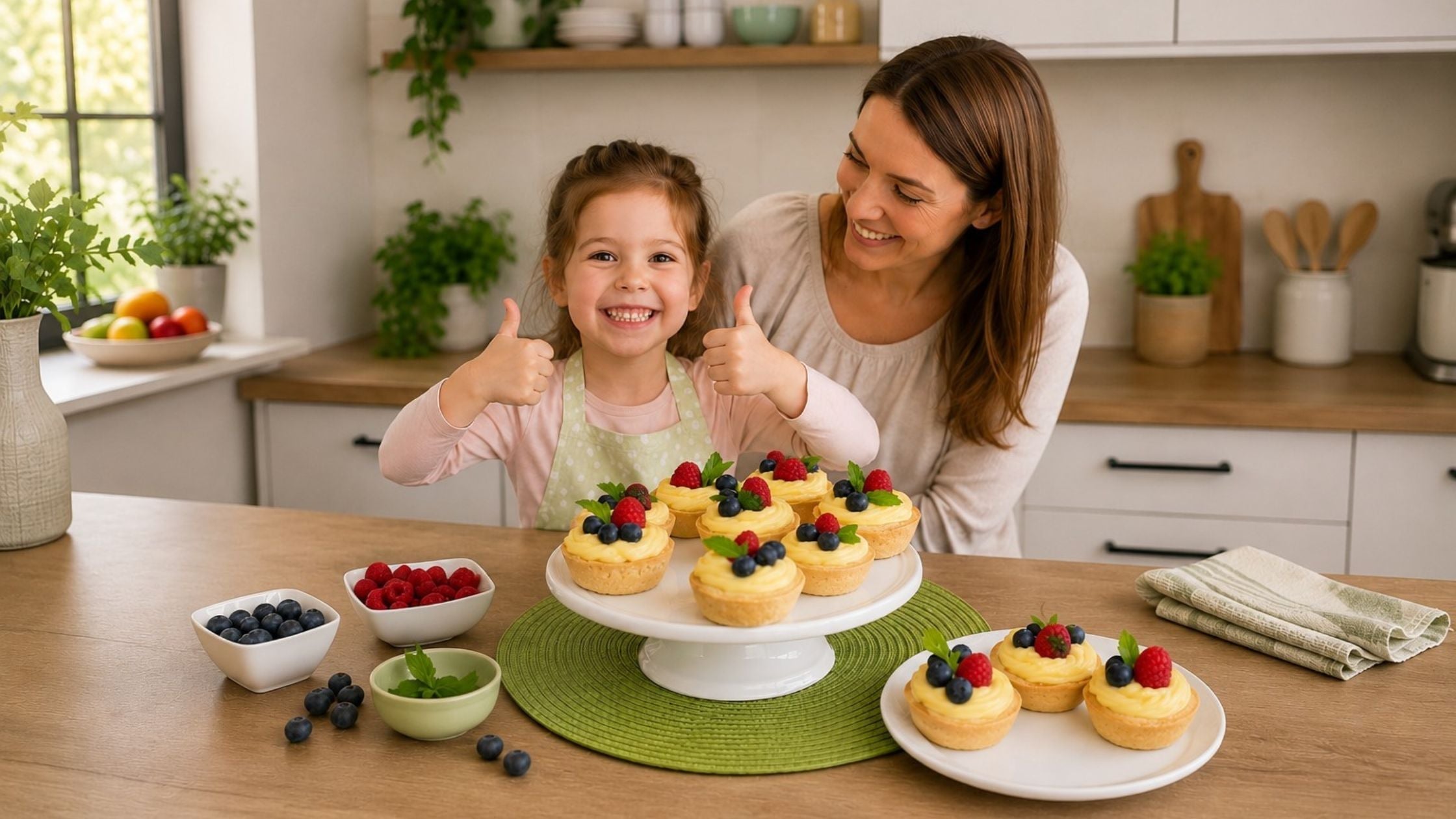 Glückliches Kind und Mama präsentieren gemeinsam selbstgemachte Obsttörtchen mit Puddingcreme und frischen Beeren.