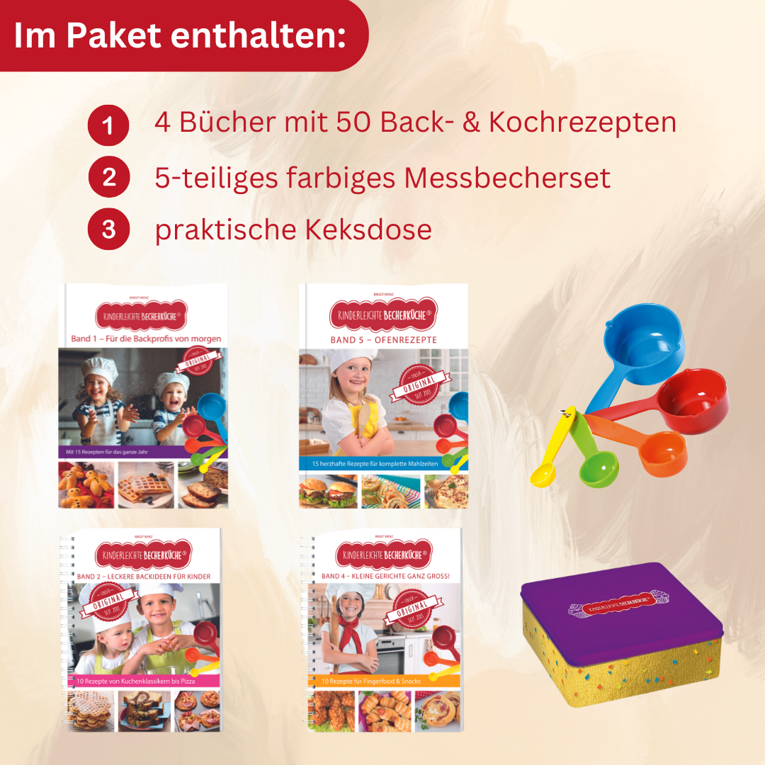 Becherküche Familienklassiker   Band 1,2,4,5 + 5-teiliges Becherset PLUS dekorative Keksdose