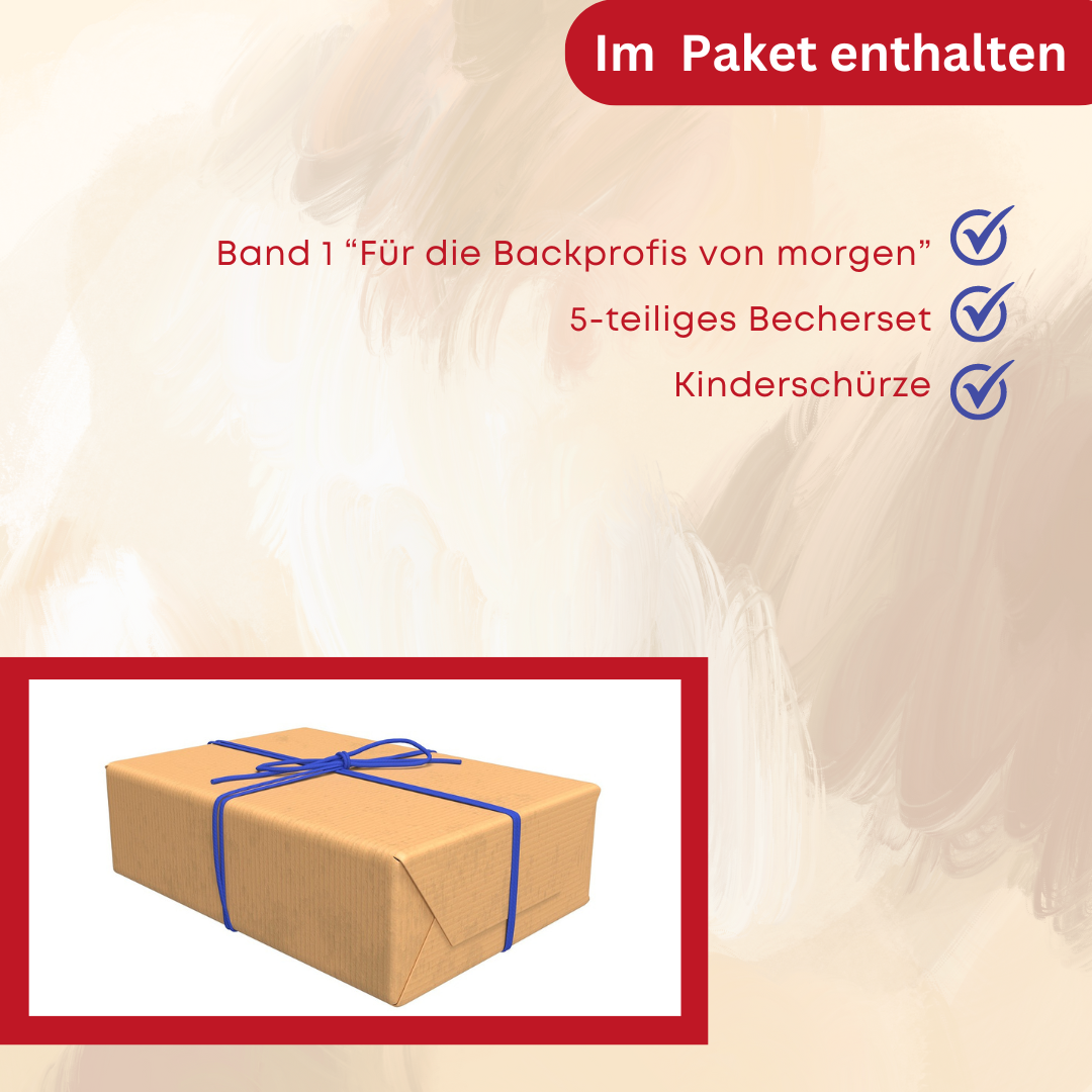 Band 1 "Für die Backprofis von morgen" inkl. Kinder-SCHÜRZE & 5-teiligem Messbecher-Set
