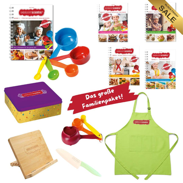 Das Becherküche Familienpaket – Band 1 bis 5 + Zubehör-Set mit Schürze, Messer, Keksdose & Bechern