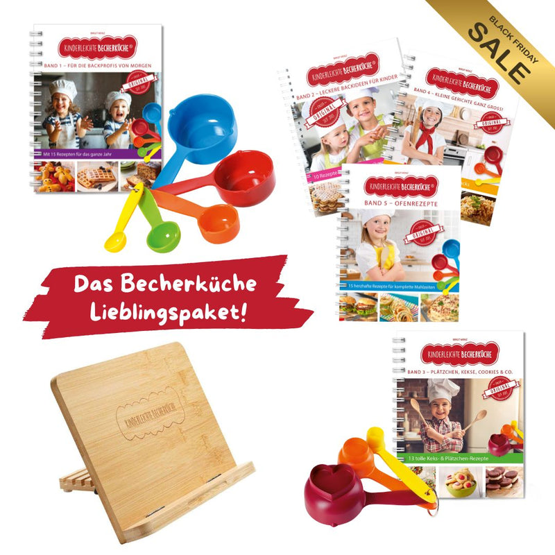 Becherküche Lieblingspaket – Band 1–5 + 5-teiliges Becherset & Buchständer