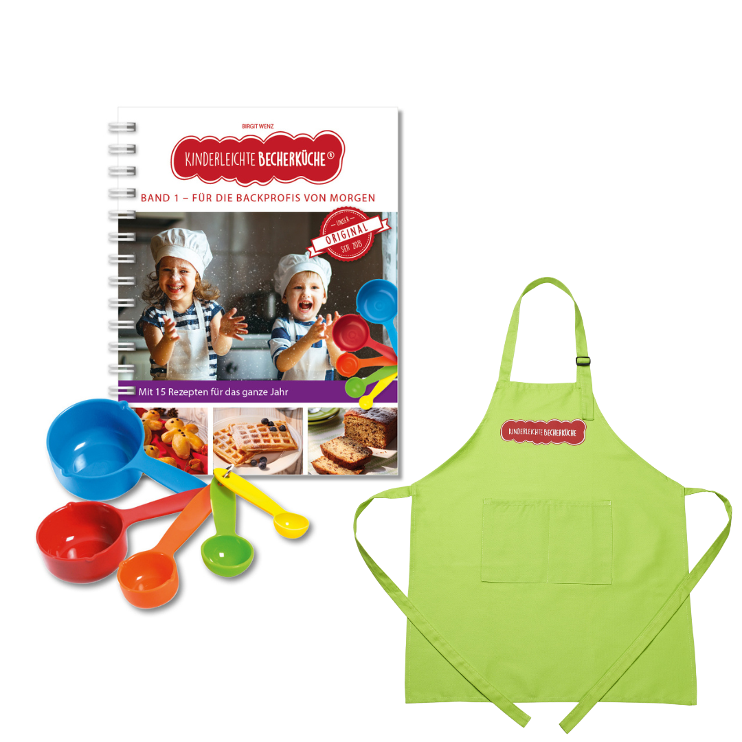 Band 1 "Für die Backprofis von morgen" inkl. Kinder-SCHÜRZE & 5-teiligem Messbecher-Set
