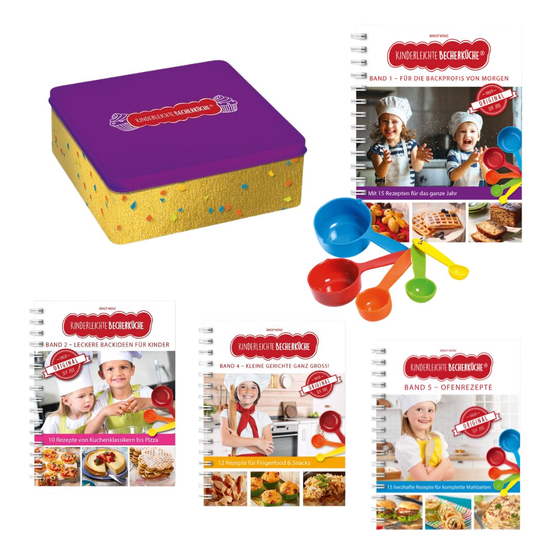 Becherküche Familienklassiker   Band 1,2,4,5 + 5-teiliges Becherset PLUS dekorative Keksdose
